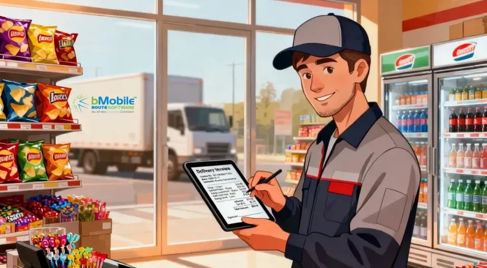 delivery guy with a tablet getting an invoice for the delivery with snacks and beverages
