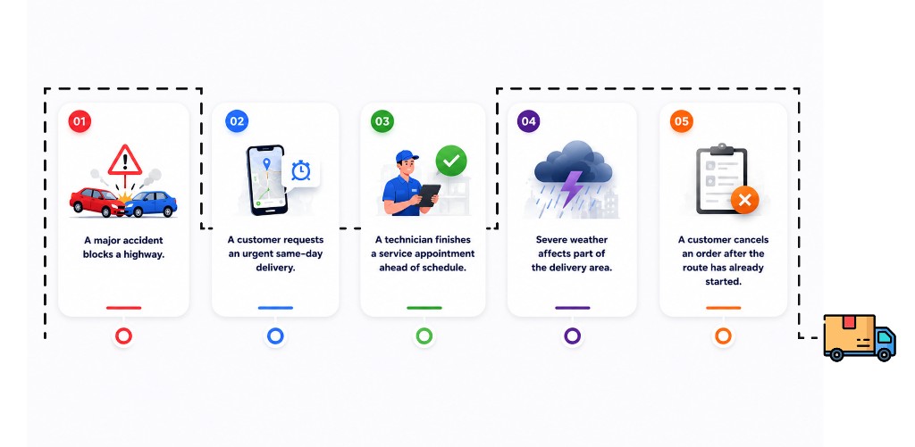 Five cards showing common delivery disruptions — accidents, urgent same-day requests, early finishes, severe weather, and cancellations — along a dashed route to a delivery truck.