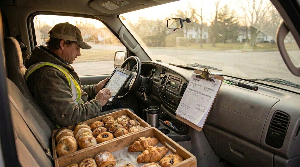 Bakery delivery driver reviewing route details on a tablet inside a delivery truck