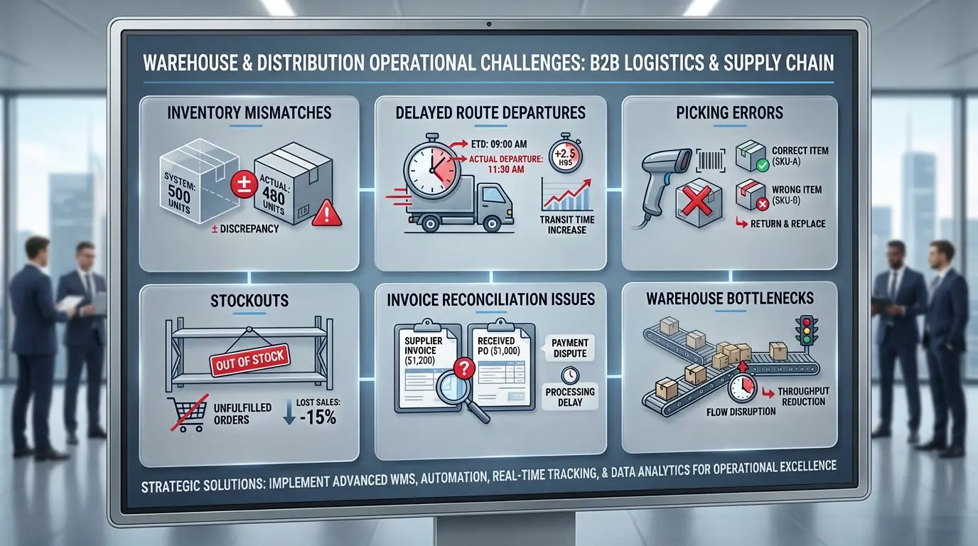 Professional logistics infographic showing common warehouse operational problems for distributors, inventory mismatches, delayed route departures, picking errors, stockouts, invoice reconciliation issues, warehouse bottlenecks, clean flat design style, modern blue and gray color palette, warehouse and distribution themed icons, B2B operations infographic, clean corporate layout