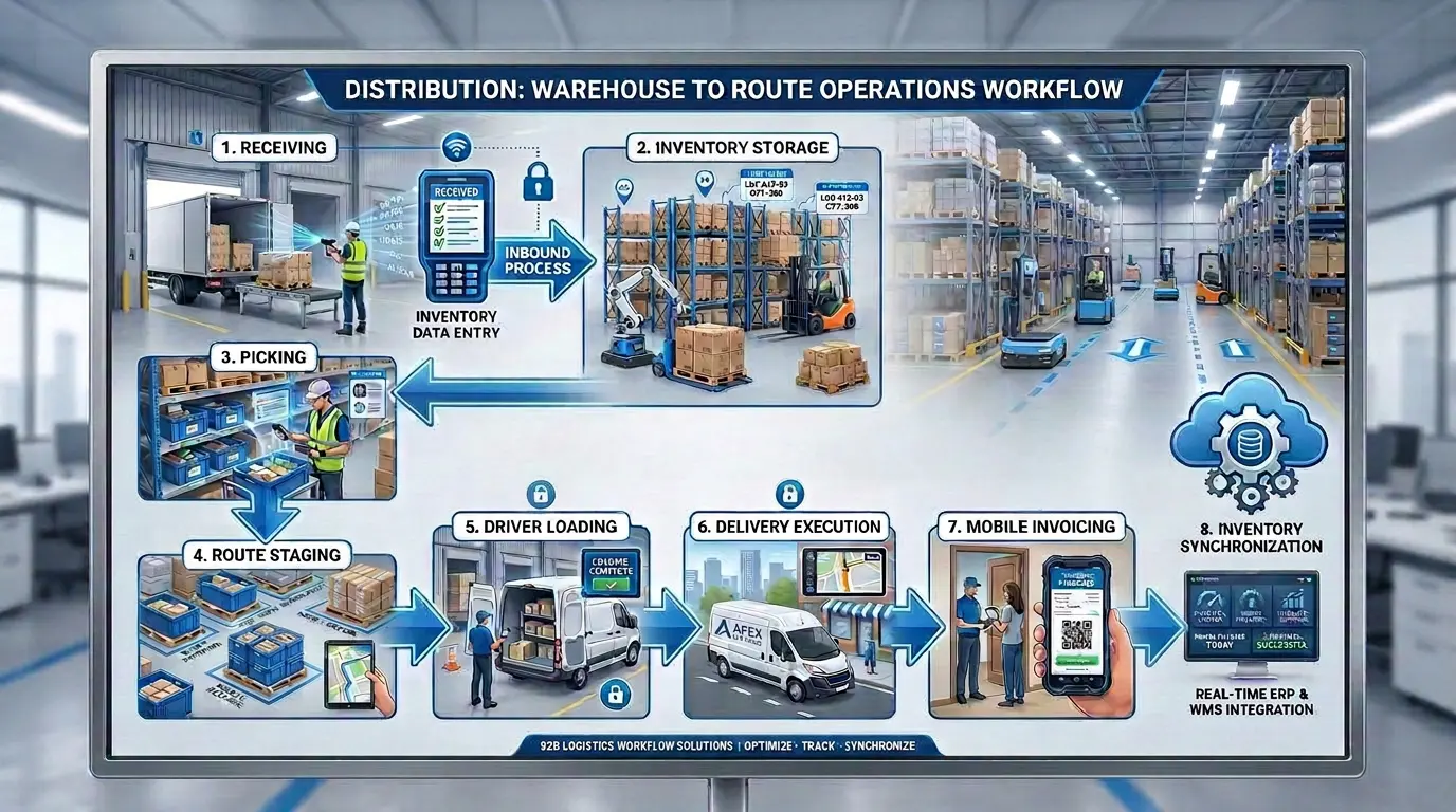 Warehouse to route operations workflow diagram for distributors showing receiving, inventory storage, picking, route staging, driver loading, delivery execution, mobile invoicing, and inventory synchronization