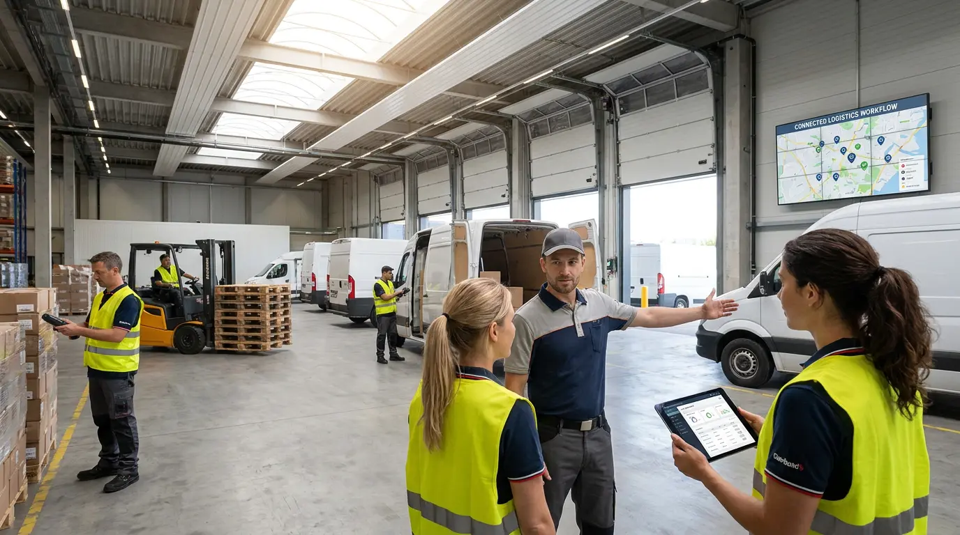 Integrated warehouse and route management operations showing warehouse staff coordinating with delivery drivers, route vans loading at dispatch area, and live inventory visibility on tablets in a modern distribution environment