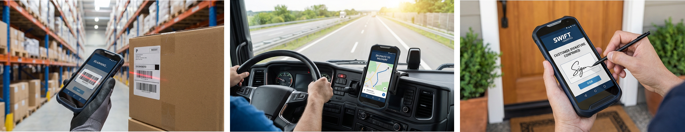 Route accounting software workflow from warehouse scanning to on-road navigation to delivery signature