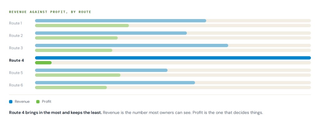 Bar chart comparing revenue against profit by route, with Route 4 highlighted as highest revenue and lowest profit.