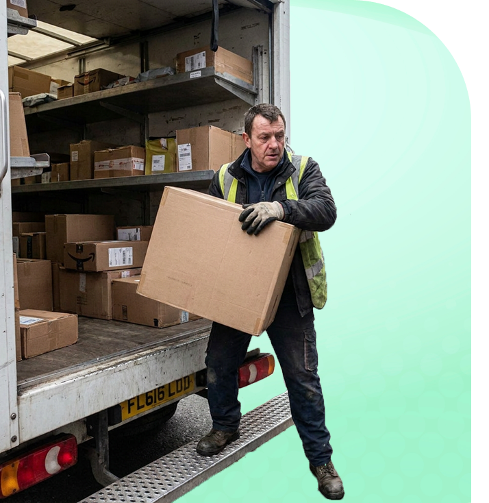Delivery driver unloading packages from a van