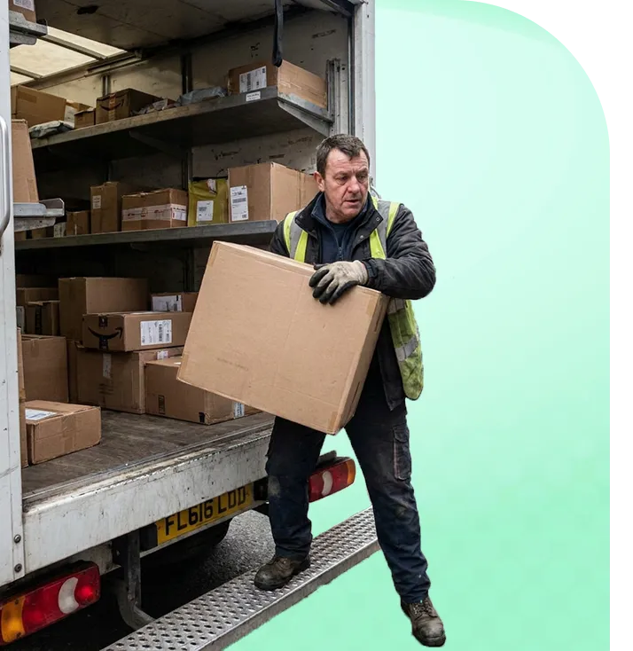 Delivery driver unloading packages from a van