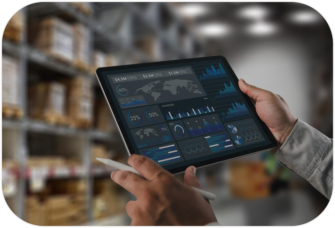Distributor reviewing route profitability data on a tablet in a warehouse