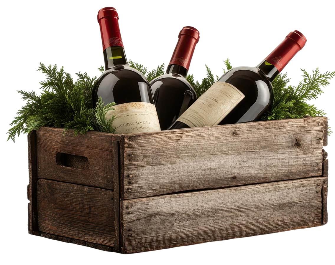 Wooden crate with wine bottles and greenery, representing beverage distribution.