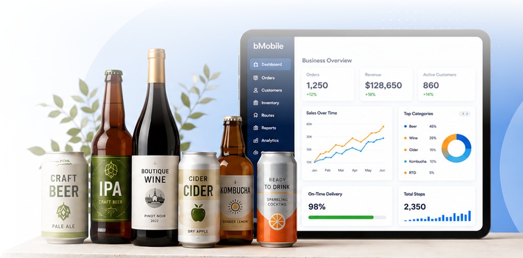 bMobile tablet dashboard beside craft beer, wine, cider, kombucha and RTD beverages
